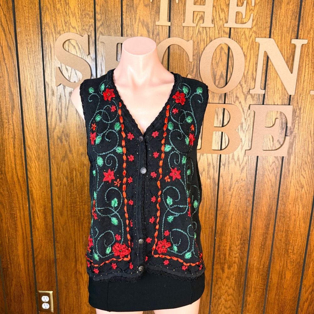 Arriviste Sweater Vest Women L Black Floral Embroidered Knit Grandma Cottagecore